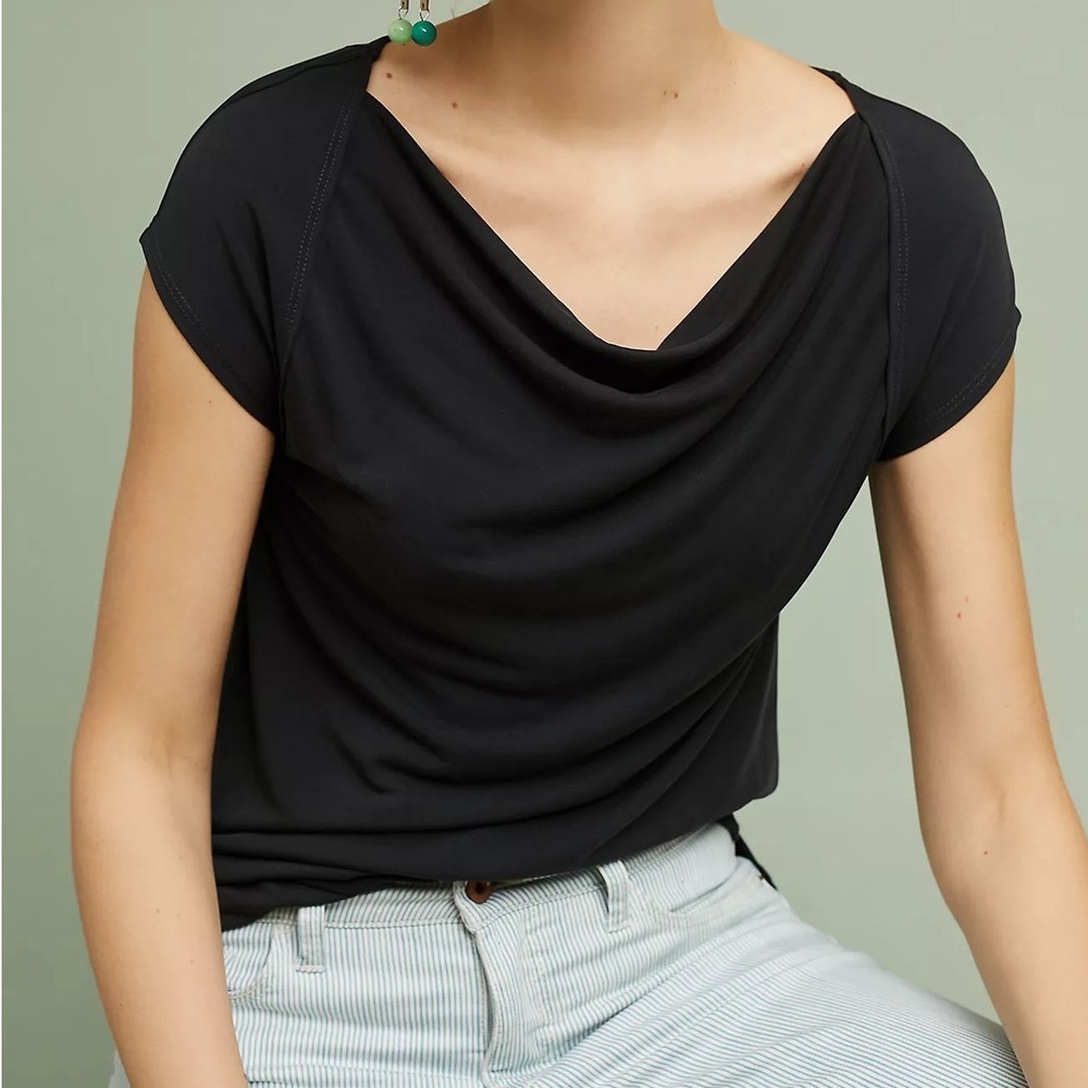 Anthropologie Maeve Cupertino Draped Tee Top Black Cowl Neck Cap Sleeve - XSmall